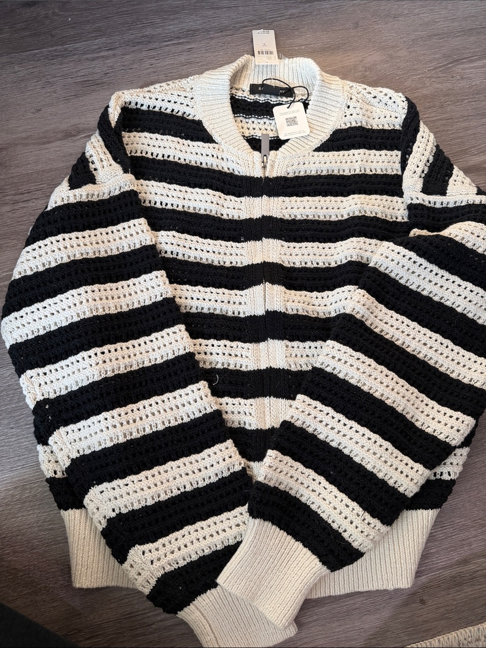 Sanctuary Black and Cream Striped Crochet Zip Cardigan